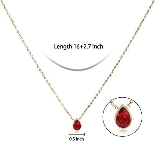 Badu 18K Gold Red Created Gemstones 7X10Mm Teardrop Dainty Necklace For Women Solitaire Cubic Zirconia Jewelry Mothers Day Anniversary Birthday Gifts For Mom Girls Wife Her #TOP1