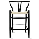 2xhome Wishbone Counter Height Barstool with Woven Paper Cord Seat | Fully Assembled | Wooden Y Back Farmhouse Kitchen Stool for Home, Dining, Bar, Black with Beige Seat