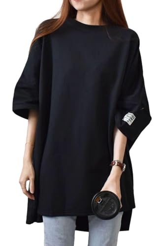 [1/2plus] ニブンノイチプラス t シャツ 半袖 ロン ロング カジュアル トップス 無地 オーバー サイズ ワンピース チュニック レディース (M,黒)