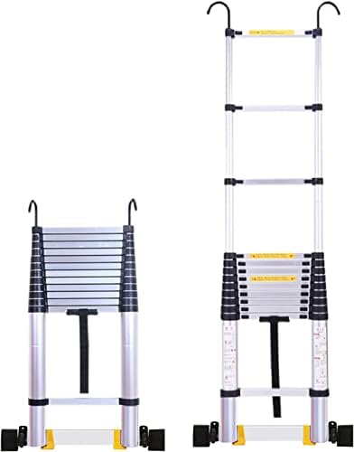 BALAMI 2.6m/3.2m/3.8m/5m/6.2m Aluminium Telescoping Ladder with Hooks & Wheels Extra Wide Extension Step Ladder for Attic & Outdoor Building Convenient (Size : 3.8m/12.4ft)