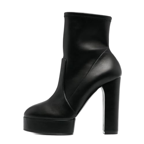 Women Classic Platform Stretchy Ankle Boots Chunky High Heels Closed Toe Pull On Booties Working Daily Wear Shoes Size 4-16 US2