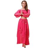 Baisdan Ensemble Costume de Danse du Ventre pour Femme Haut Court avec Jupe en Mousseline pour Performance de Carnaval, rose rouge, Taille unique