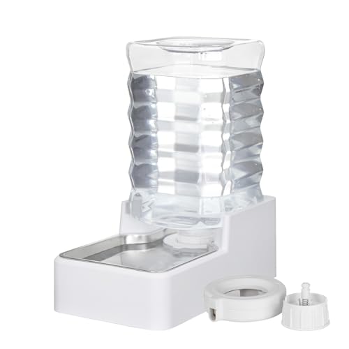 Dog Cat Water Dispenser: 8L White Upgraded Gravity Feeder with Stainless Steel Bowl - BPA-Free Large Capacity for Medium/Large Pets - Indoor & Outdoor Use
