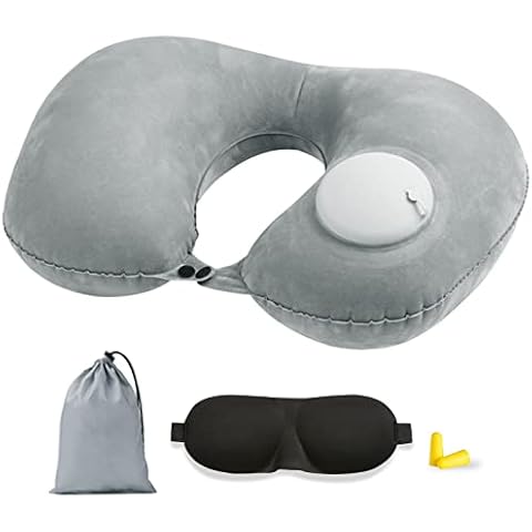 CHENKEE Travel Pillow, Inflatable Neck Pillow Memory Sleep Neck Pillow Kits Ultralight Blow up Support Pillow with Eye Masks Earplugs Bag for Camping Travelling by car, Airplane Cover