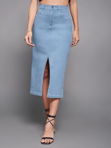 Image of Miss Chase Women's Straight-Fit High-Rise Stretchable Denim Midi Skirt