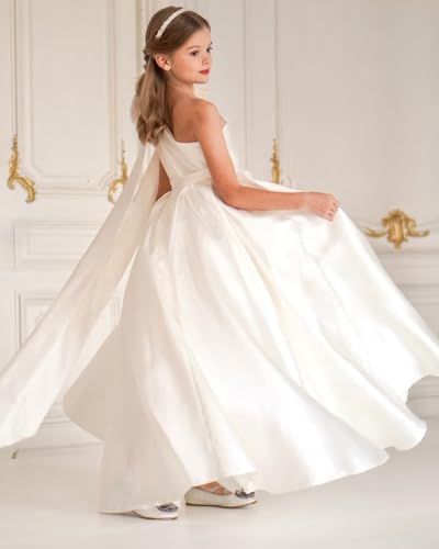 Satin One Shoulder Flower Girl Dress with Bow Wedding Princess Pageant Party Gown Puffy Formal First Communion4
