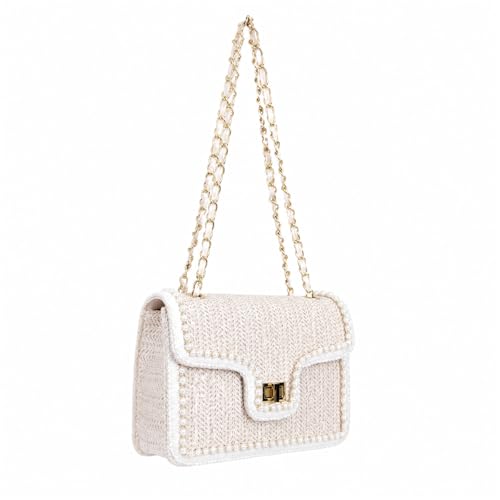 KimeNex Pearl Purse for Women White Straw Crossbody Bag Summer Beach Clutch Purse Woven Shoulder Bag Vacation Handbags