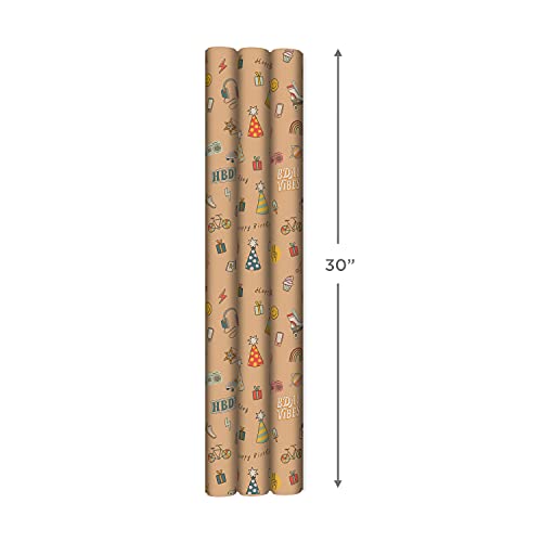 Hallmark Recyclable Wrapping Paper With Cutlines On Reverse (3 Rolls: 60 Sq. Ft. Ttl) Kids Birthday, Retro Icons, Roller Skates, Skateboard #TOP2