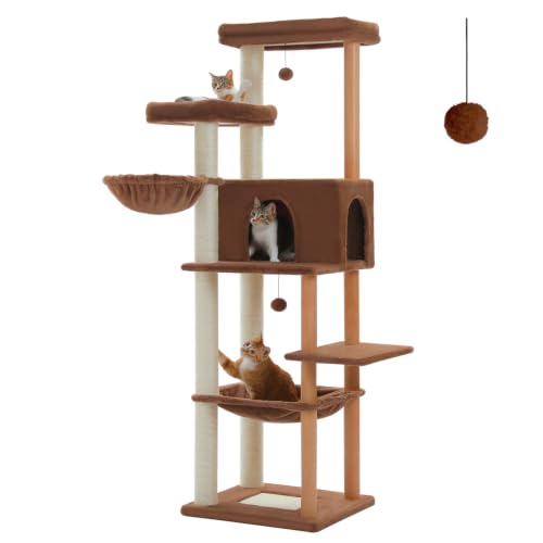 Image of 73 inch Tall Cat Tree for Large Cats, Wooden Cat Tower with Solid Posts | Wooden Cat Tree Tower with Fully Sisal Covered Scratching Posts, Cat Furniture with Spacious Perch and Cozy Condo, Brown