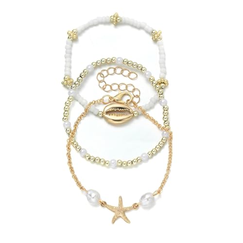 Image of Shell Bracelet,Gold Plated Starfish Ankle Bracelets for Women Waterproof Stack Beaded Anklet Boho Hawaiian Vacation Beach Jewelry Gifts