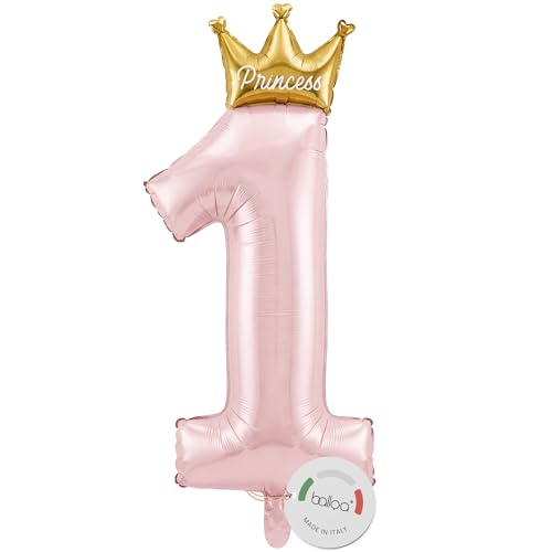 balloa Folienballon XXL Zahl 1 Princess Krone, Helium Ballon 1 Geburtstag Deko, Luftballon Zahl Eins Motiv für Kindergeburtstag Mädchen, Geschenk zum 1 Geburtstag, Partydeko rosa Zahlenballon, 102cm