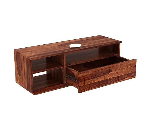 Image of Furniture Solid Sheesham Wood TV Unit with 3 Shelves and 1 Drawer Storage - Accommodates up to 55 Inch TV (Kane, Honey Finish)