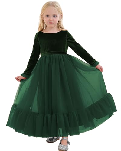 Kismissal Girls Velvet Fall Winter Dress Backless Flower Girl Dress Formal Wedding Party Prom Christmas Maxi Gown Dark Green