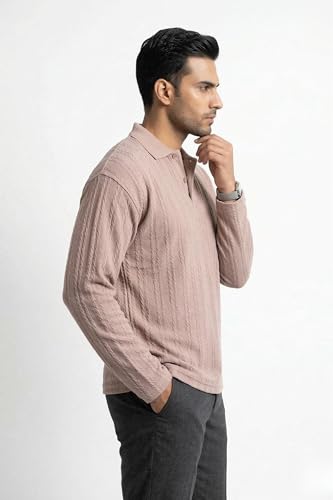 Image of BEAR THREAD Men's Polo T-Shirt | Linear Jacquard Full Sleeve Textured Knit Polo | Smart Casual Collared Stretch Fabric Tee | Stylish Everyday Wear for Men