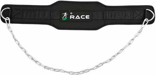 Image of RACE Dip Belt for Weightlifting, Pull-Ups, Powerlifting, Squats & Bodybuilding | 36 Inches Heavy Duty Stainless Steel Chain Free Size Belt With Neoprene Padded Back Support For Fitness Trainings (Black)