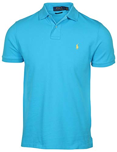 Image of Polo Ralph Lauren Mens Custom Slim Fit Mesh Polo Shirt (Medium, Blue (Yellow Pony))