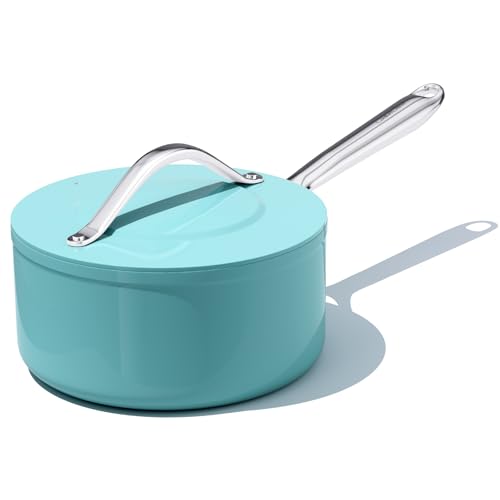 CookinCraze Nonstick Sauce Pan with Lid, 3 QT Ceramic Coating Sauce Pot with Stay Cool Handle Induction Compatible Dishwasher Oven Safe Up to 550°F Kitchen Cooking Pot PFOA, PFOS Free, Caribbean Blue