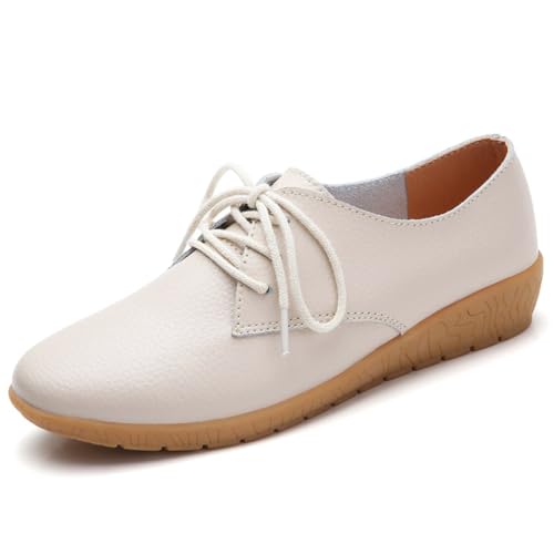 sekiueo Zapatos Oxford De Cuña para Mujer De Cuero con Cordones para Oficina Trabajo Punta Lisa Informales De Negocios,Beige,36 EU