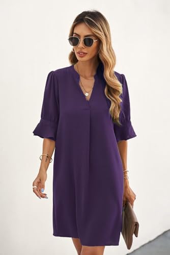 Image of QACOHU Womens Summer V Neck Shift Mini Dresses 2026 | Basic Flowy Swing Dress, Ruffle Short Sleeve, Loose Fit, Straight, Floral Boho Style, Casual Beach Wedding Guest Outfits