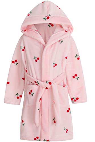 Girls Robe, Cute Hoodie Print Plush Fleece Robe Flannel Bathrobe Sleepwear With Pockets For Gift, Cherry Purplish, Us 4T, Cn 120 #TOP4