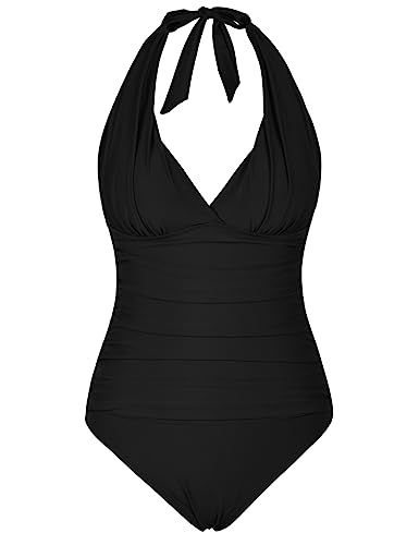 Women's One Piece Swimsuits V Neck Shirred Swimwear Tummy Control Halter Bathing Suits Monokini Black 124