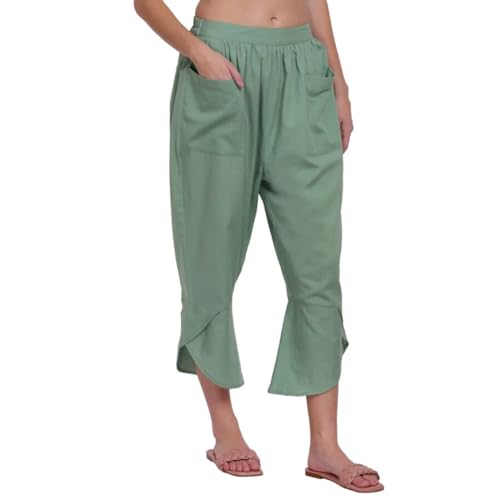 Image of Organic Cotton Yoga Pants with Loose Fit, Elasticated Waistband, Front Pockets, and Breathable Stretch for Women & Girls- Green (Bael)