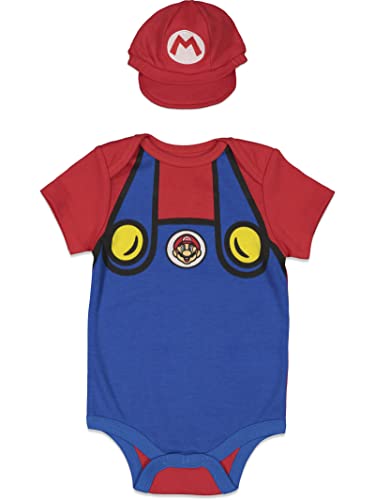 Image of SUPER MARIO Nintendo Newborn Baby Boys Costume Short Sleeve Bodysuit & Hat Blue 6-9 Months