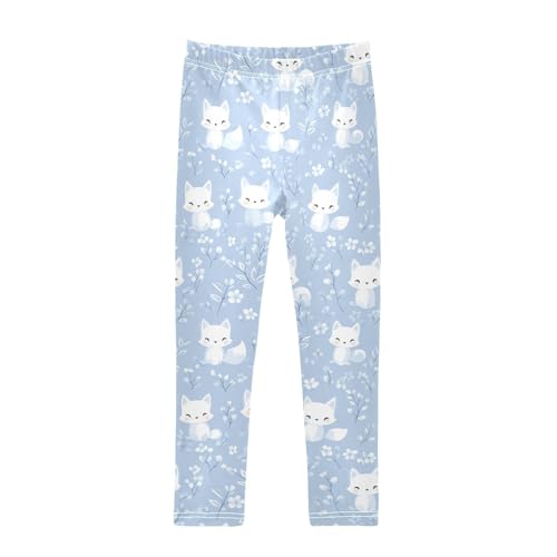 Fox White Blue Flower Girls Casual Leggings for Kids Printed Long Pant Bottoms Stretch and Soft