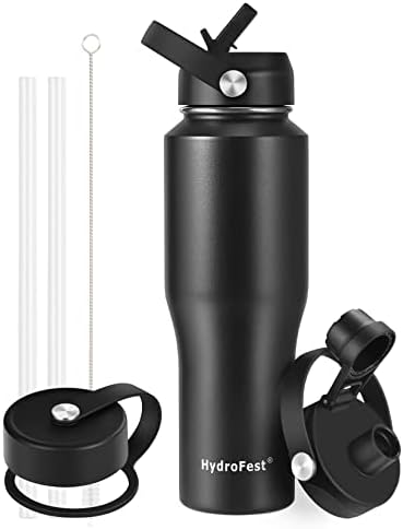HydroFest 32 oz Stainless Steel Water Bottle with Straw Lid, Black Vacuum Insulated Kids Water Bottle, Double Walled Wide Mouth Sweat Proof Sports Water Bottle, Cold Hot, Thermo Mug, Black
