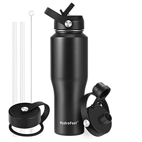 Hydrofest 32 Oz Stainless Steel Water Bottle With Straw Lid, Black Vacuum Insulated Kids Water Bottle, Double Walled Wide Mouth Sweat Proof Sports Water Bottle, Cold Hot, Thermo Mug, Black #TOP4