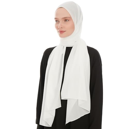 Ayisah white chiffon hijab folded — the single-scarf option for formal or bridal moments on a trip.
