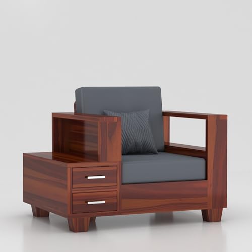 Image of Sheesham Wooden 1 Seater Sofa Set for Living Room | Solid Wood Sofa with Side Box Storage & Cushion | Rosewood Sofa Set for Home & Office | Lounge (Honey, 1 Seater)