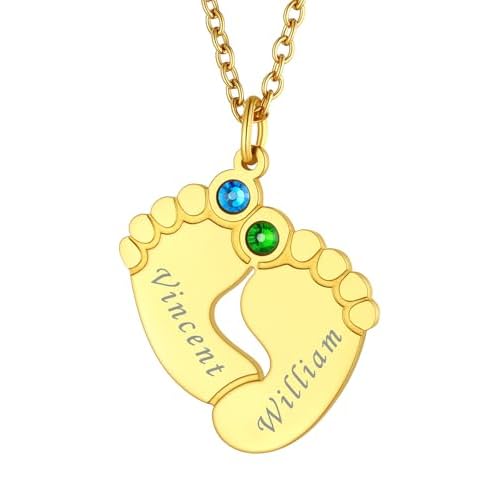 FindChic Custom Baby Feet Necklaces with 1/2/3/4/5 Names Birthstones Personalized New Mom Gift 925 Sterling Silver/Stainless Steel Metal Family Jewelr