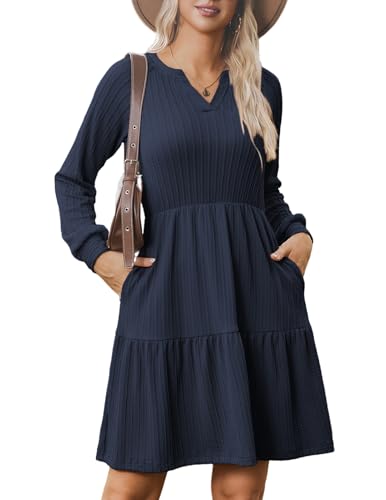 Zeagoo Strickkleider Damen V-Ausschnitt Langarm Herbstkleid A Linie Pulloverkleid Leichte Elegant Kleider Gestrickt Wickelkleid Navy Blau L