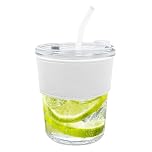 LTHERMELK Tumbler with Straw and Lid - 400ml Glass Straws, Cold Brew Iced Coffee Cup for Car Travel, Reusable Frosted Glass Tumbler with Leather Sleeve & Straw