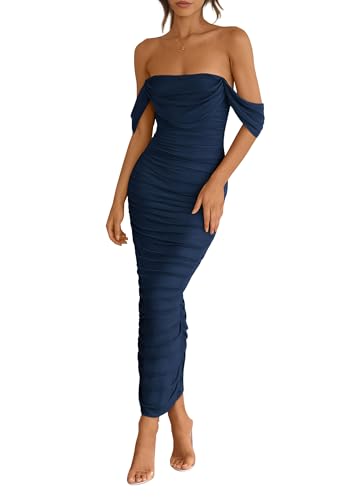 PRETTYGARDEN Womens 2025 Summer Off The Shoulder Dress Ruched Bodycon Sleeveless Split Cocktail Party Maxi Dresses (Navy,Small)