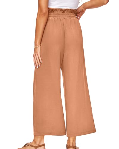 Women's Wide Leg Linen Pants Casual Loose High Elastic Waist Adjustable Knot Palazzo Trousers with Pockets3