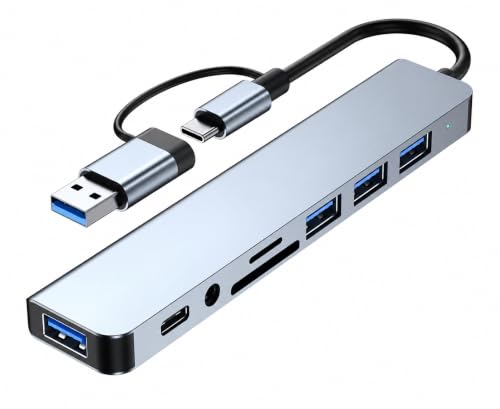 Image of Port 8 Plus 8-in-1 USB Hub, Dual Connector USB 3.0 and Type-C, SD /TF Card Reader, 3.5mm AUX Jack, for Laptops and Tablets