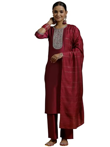 Image of Libas Gerua Womens Yoke Design Silk Blend Straight Kurta With Trousers and Dupatta | daily wear suit