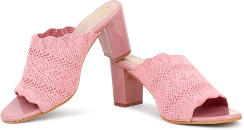 Image of Action Women's Knitted Mule Sandals| Block Heel 10cm| Nude| Peep-Toe Design Beige