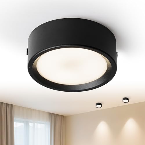 KSIBNW Focos LED Interior Techo, 7W Focos LED Techo Ø80x30mm Lámpara de Techo Aluminio Negro Redondo Foco LED Interior 3000K Luz Calida Superficie Plafon para Salon, Dormitorio, Cocina