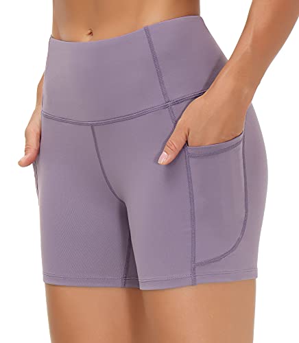 Image of THE GYM PEOPLE High Waist Yoga Shorts for Women's Tummy Control Fitness Athletic Workout Running Shorts with Deep Pockets