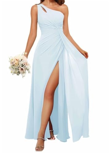 HPPEE Damen Einschultriges Brautjungfernkleid mit Schlitz, fließendes Chiffon, langes formelles Kleid für Frauen, hellblau, 36