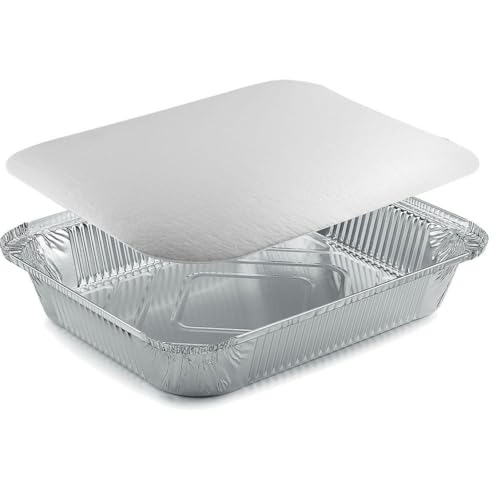 Generico 50/100 Vaschette in Alluminio bordo L VARIE DIMENSIONI Rettangolari + COPERCHI Argentate contenitori per Alimenti USA e Getta, teglie in Alluminio per Takeaway (50pz 8 porzioni 32x26cm)