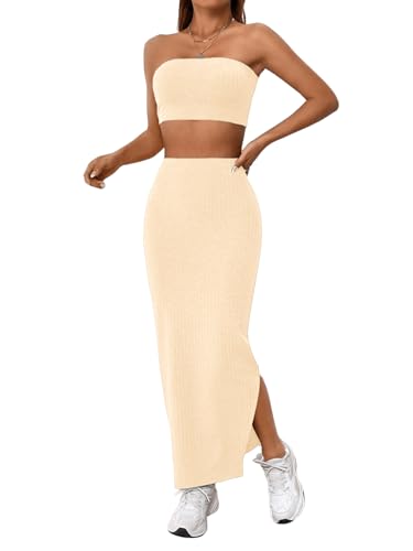 Women Solid Tube Casual Top and Split Hem Skirt