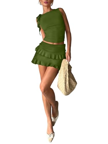 Image of 2 Piece Sets for Women Y2k Going Out Ruffle Trim Ruched Tank Top And High Waist Skirt Set Club Mini Dress