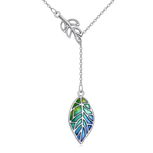 VONALA Green Leaf Necklace 925 Sterling Silver Y Lariat Pendant Necklace Enamel Jewellery for Women Girls