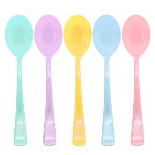 50 Pcs Pastel Plastic Spoon Heavy Duty 5 Macaron Colors Includes Pink, Blue, Yellow, Teal, Purple, Iridescent Silverware Pastel Disposable Silverware for Birthday, Garden Party, Baby Shower,Easter