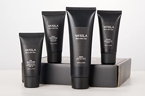 VARELA - Premium Men's 4pc Skin Care Set | Men's Face Scrub | Men's Morning Moisturizer with SPF20 and Men's Evening Moisturizer | Men's Face Cleanser | 1 Month Supply