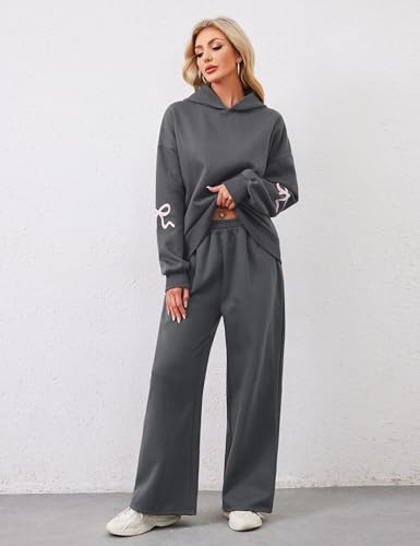 Livtany Women's 2 Piece Outfits Bow Trim Print Hoodie Sweatsuit Sets Oversized Sweatshirt Wide Leg Sweatpants With Pockets3